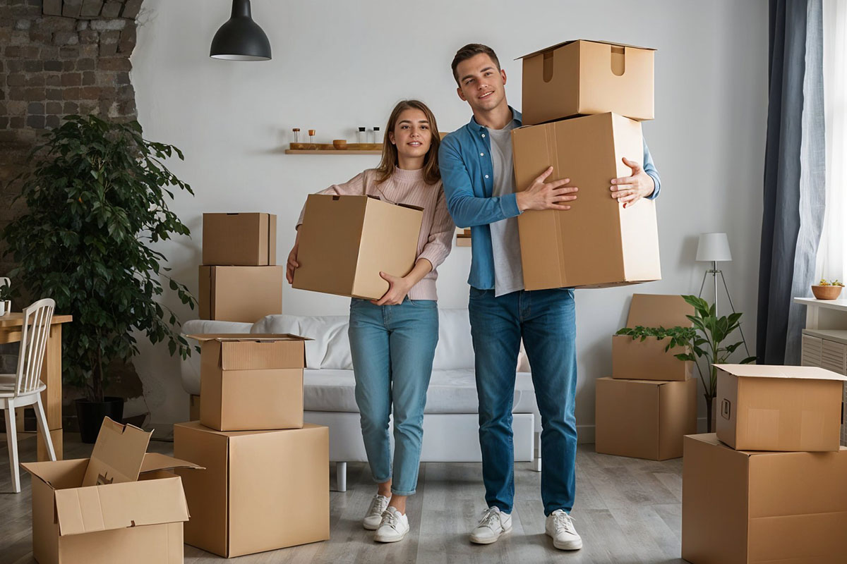 Couple moving with boxes